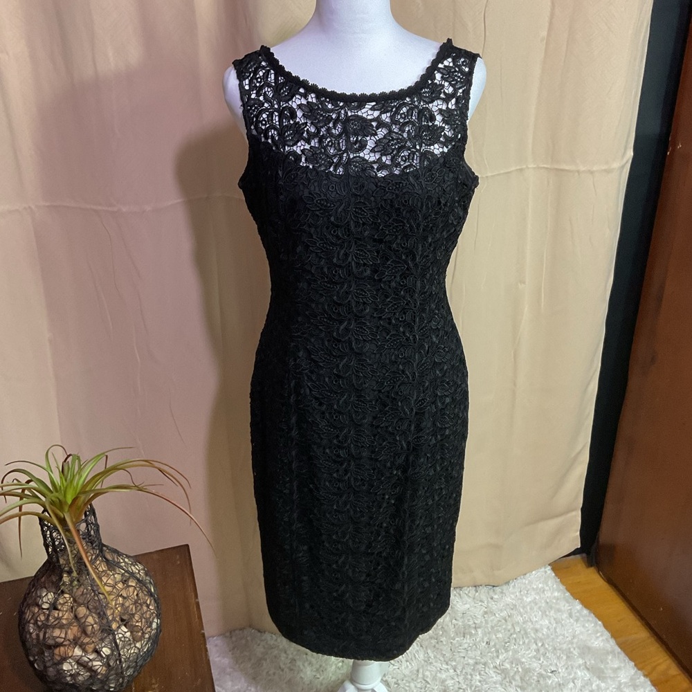 White House Black Market 
Black Lace Overlay Sheath Dress